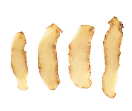 Multiple different potato peels isolated Stock Photos