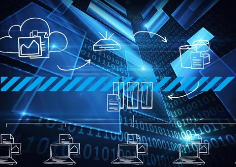 Multiple digital icons against binary coding data processing on blue background 스톡 일러스트