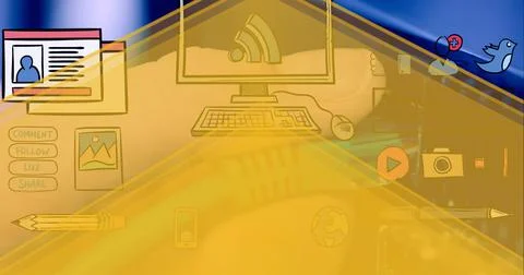 Multiple digital icons against close up of hand inserting cable in computer Stock Illustration