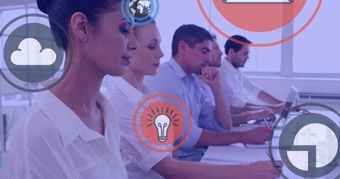Multiple digital icons against group of office colleagues working at office Stock Illustration