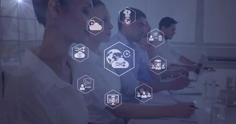 Multiple digital icons against group of office colleagues working at office Stock Illustration