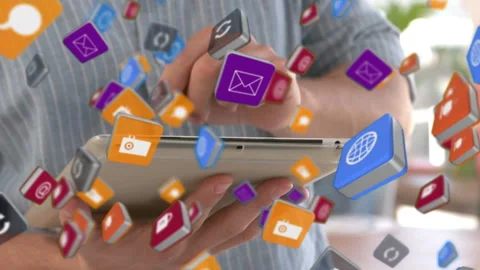 Multiple digital icons floating against mid section of man using digital tablet Stock Footage 139807254