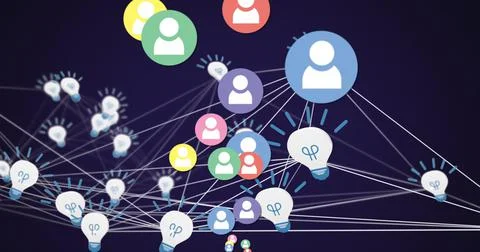Multiple digital icons floating against network of bulb icon on blue background Stock Illustration