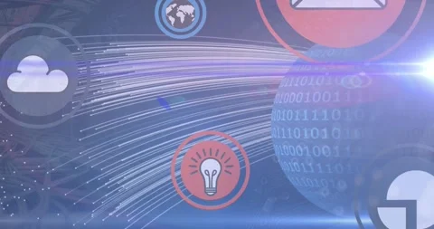 Multiple digital icons floating and light trails over binary coding on spinning Stock Footage 325962354