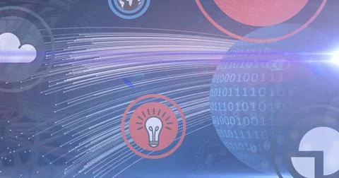 Multiple digital icons floating and light trails over binary coding on spinning Illustrazione stock