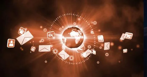Multiple digital icons over globe against brown spots of light on black 스톡 일러스트