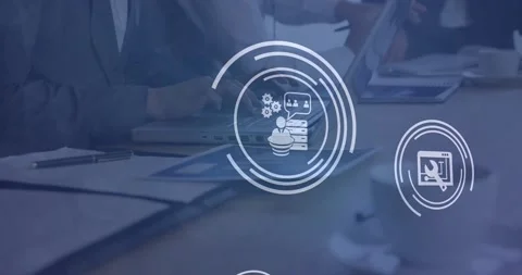 Multiple digital icons over mid section of businessman using laptop at office Stock Footage 201614097