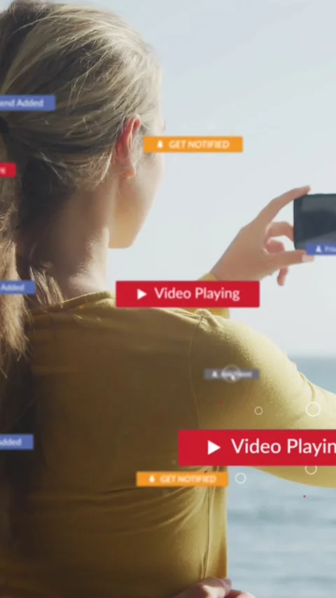 Multiple digital icons over rear view of caucasian couple taking picture of the Vídeo Stock 342097525