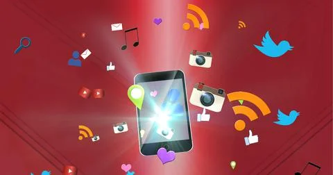 Multiple digital icons over smartphone against abstract shapes on red background Stock Photos