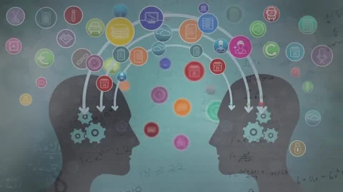 Multiple digital icons sharing over two human face model against mathematical Video stock 157192071