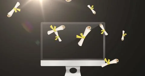 Multiple diplomas falling against computer monitor on black background Stock-Illustration