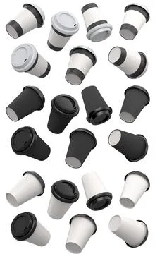 Multiple disposable coffee cups with black lids isolated on white background Stockillustratie