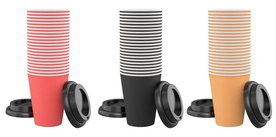 Multiple disposable coffee cups with black lids isolated on white backgroun.. Stockillustratie