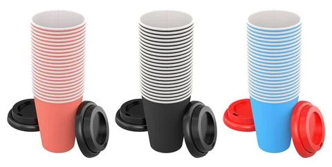 Multiple disposable coffee cups with black lids isolated on white backgroun.. 스톡 일러스트