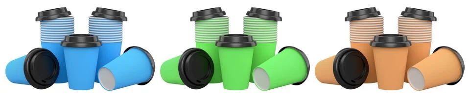 Multiple disposable coffee cups with black lids isolated on white backgroun.. Stock Photos