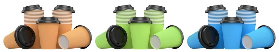 Multiple disposable coffee cups with black lids isolated on white backgroun.. Stock Photos