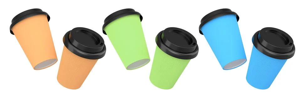 Multiple disposable coffee cups with black lids isolated on white backgroun.. Stock Photos