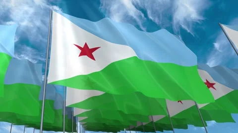 Multiple Djibouti flags seamless looping waving on blue sky Stock Footage 343679114