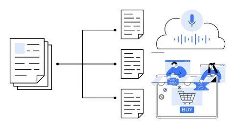 Multiple documents connected to a cloud icon with a microphone symbol, leadin 库存插图