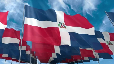 Multiple Dominican Republic flags seamless looping waving on blue sky Stock Footage 343679207