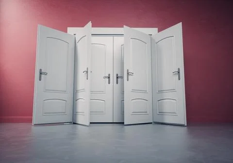 Multiple doors opened and closed on a red wall. Stock Illustration