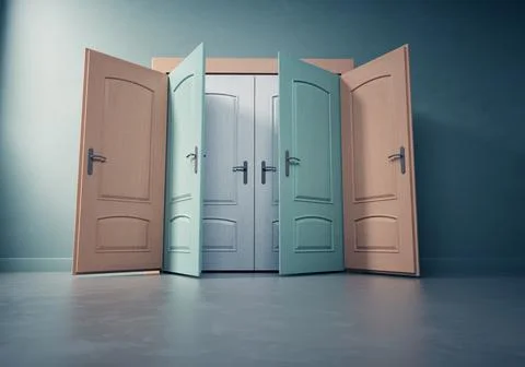 Multiple doors opened and closed on a blue wall Stock Illustration