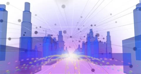 Multiple dots and lines against 3D city model on white background Illustrazione stock