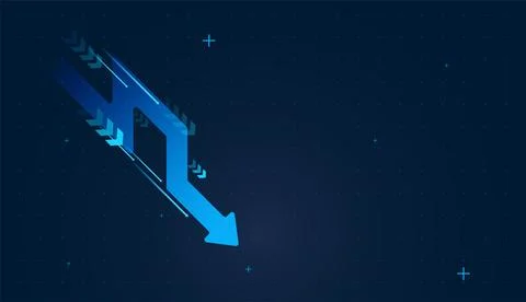 Multiple Down Arrows accents on dark blue background with small dots behind.. Stock Illustration