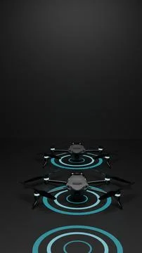 Multiple drone render with glowing radar circles on dark background Illustrazione stock