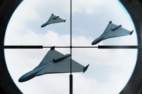 Multiple drones flying in sky tracked by air defense sight Stock-Fotos