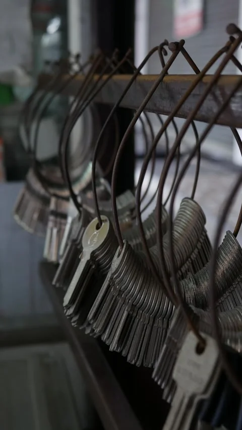 Multiple Duplicate Keys Hanging at Locksmith Shop Stock Footage 318213863