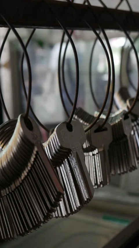 Multiple Duplicate Keys Hanging at Locksmith Shop Stock Footage 318639404