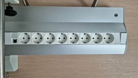 Multiple electrical power sockets in modern wall outlet panel. Electricity suppl 写真素材