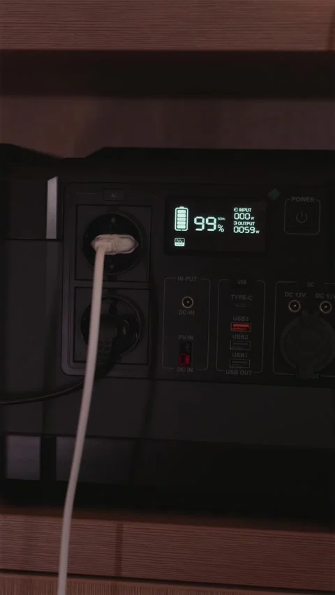 Multiple electronic cables and wires plugged into portable power supply hub Stock Footage 336653720