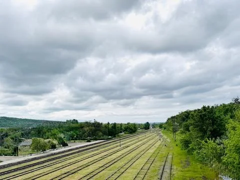Multiple Empty Railway Tracks in Green Countryside. Stock Photos