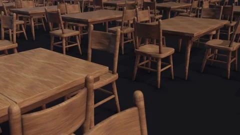 Multiple Empty Wooden Dining Table and Chairs Isolated on dark background 4k Stock Footage 149260980
