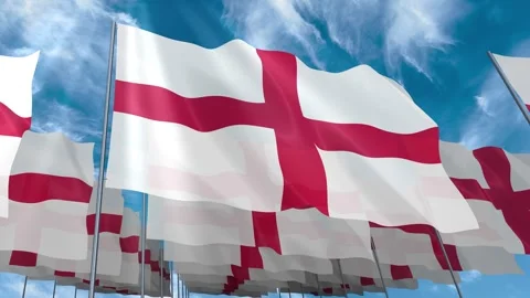 Multiple England flags seamless looping waving on blue sky Stock Footage 343679689