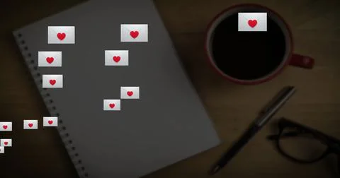 Multiple envelope with heart icon floating against book, coffee cup and glasses 스톡 일러스트