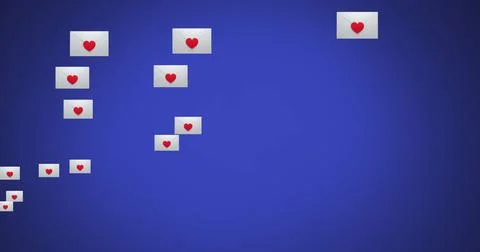 Multiple envelope with heart icons floating against blue background Illustrazione stock