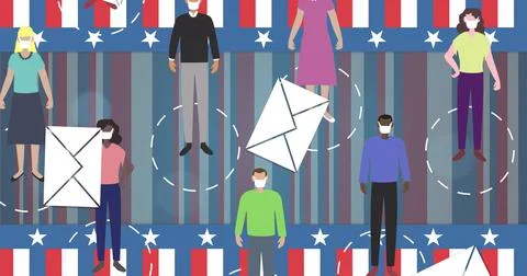 Multiple envelope icons falling over people wearing face masks against American Stock Illustration