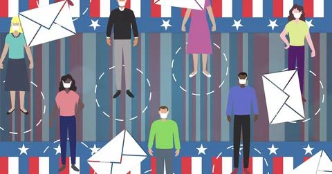Multiple envelope icons falling over people wearing face masks against American Stock Illustration