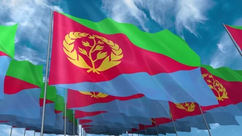 Multiple Eritrea flags seamless looping waving on blue sky Stock Footage 343679828