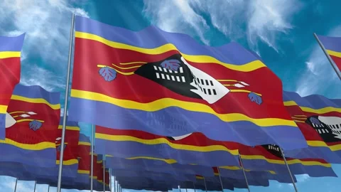 Multiple Eswatini flags seamless looping waving on blue sky Stock Footage 343679972