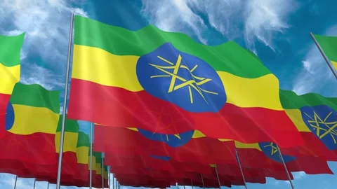 Multiple Ethiopia flags seamless looping waving on blue sky Stock Footage 343680024