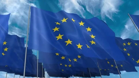 Multiple European Union flags seamless looping waving on blue sky Stock Footage 343680061
