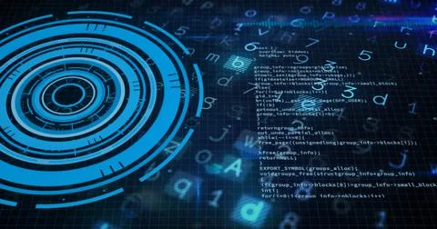 Multiple exposure of alphabets and numbers with glowing blue circular pattern 库存插图