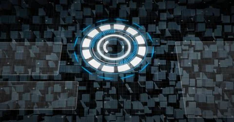 Multiple exposure of blocks with illuminated circular instrument, copy space Illustrazione stock