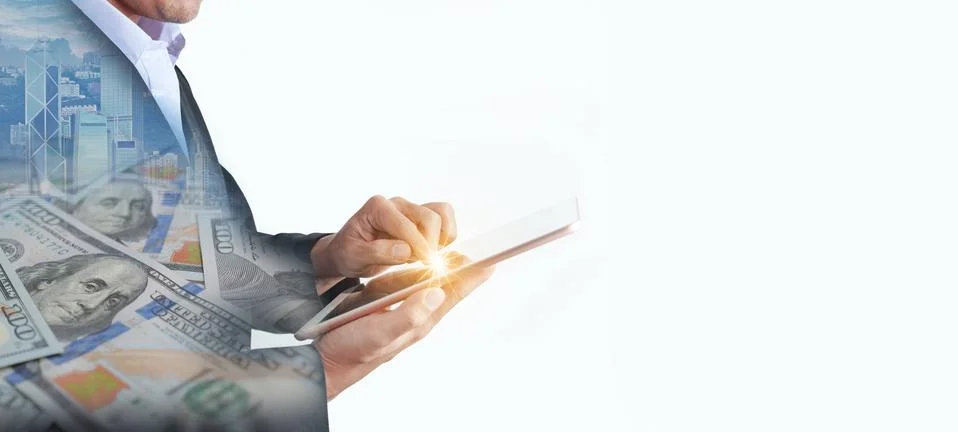 Multiple exposure of business man is using tablet to command finiancial Stock Photos
