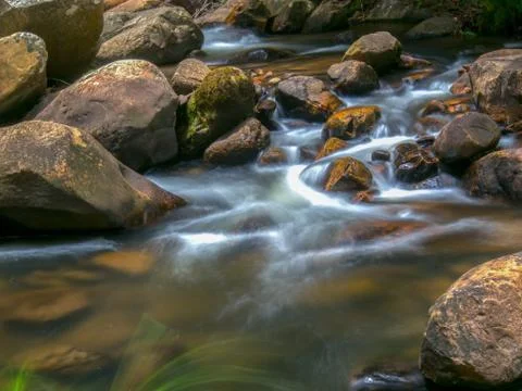 Multiple exposure of the cold stream of a ravine in the mountains near the co Stock Photos