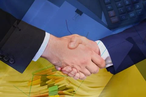 Multiple exposure of documents, business partners shaking hands and Ukrainian Stock Photos